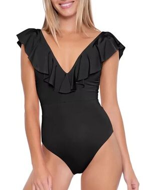 TRINA TURK Atlas Ruffle Plunge black One-Piece Swimsuit L19822 Womens Size 8 NWT